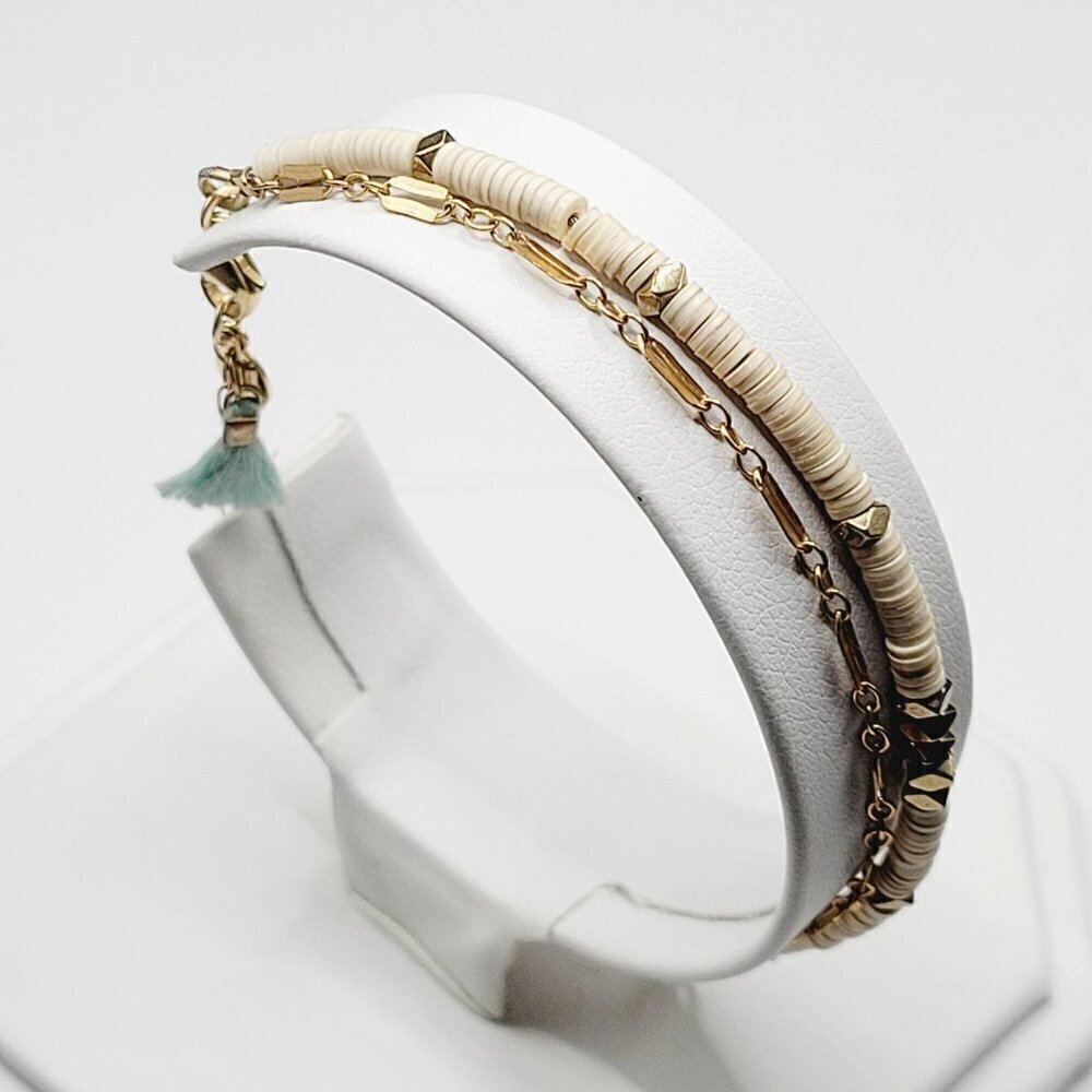 Blaine Bowen Beach Signature Stack Bracelet Double Strand Vinyl Discs Gold Tone